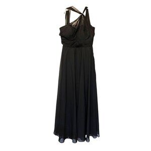 Elegant Flowy Black Asymmetrical-Shoulder Evening Gown With Pleated Bodice